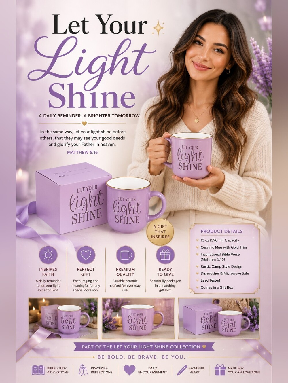 Let Your Light Shine Lavender Camp Style Coffee Mug | Matthew 5:16 | 13 oz